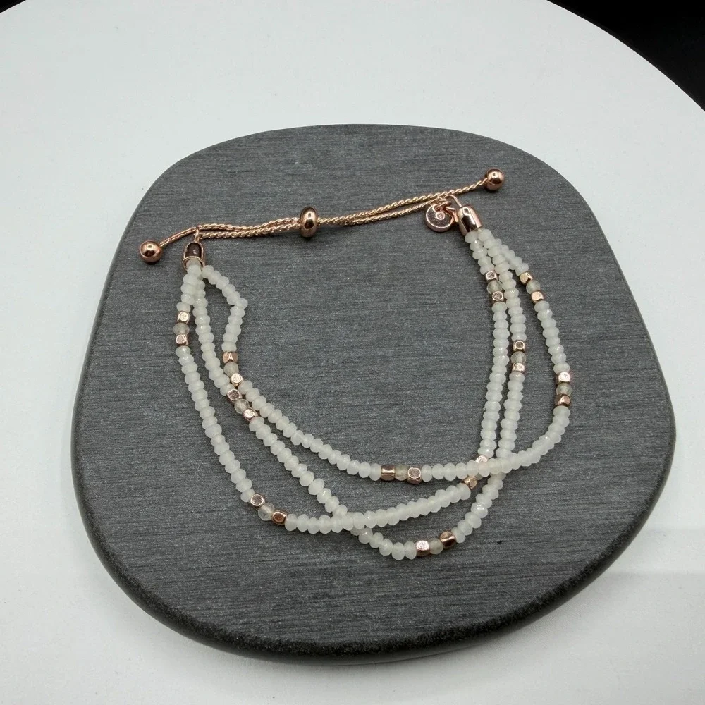 White Faceted Bead 3 Strand Bracelet Rose Gold Tone Adjustable Bolo Slider Gift